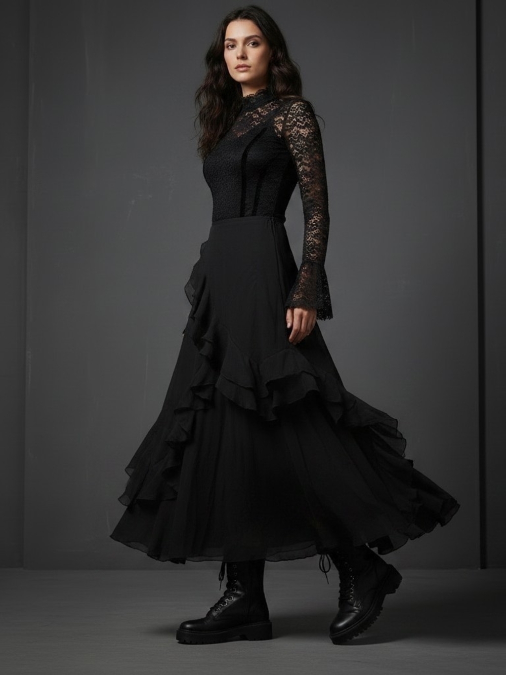 Widow Black Cascading Ruffle Maxi Skirt Whimsigoth Goth Large